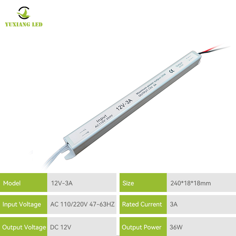 Fuente de alimentación LED ultradelgada, ultradelgada, ultradelgada, plateada, 12V, 3A, 36W