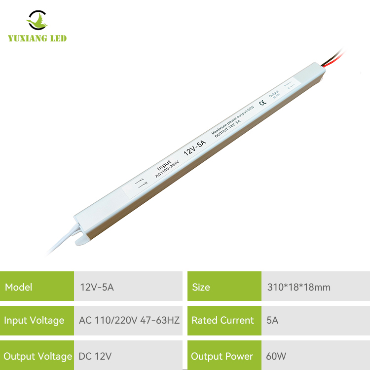 Fuente de alimentación LED ultradelgada, ultrafina, ultradelgada, plateada, 12V, 5A, 60W